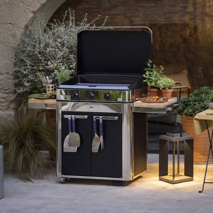 Combo ENOSIGN 80 Plancha Gaz Noir et Inox sur Chariot