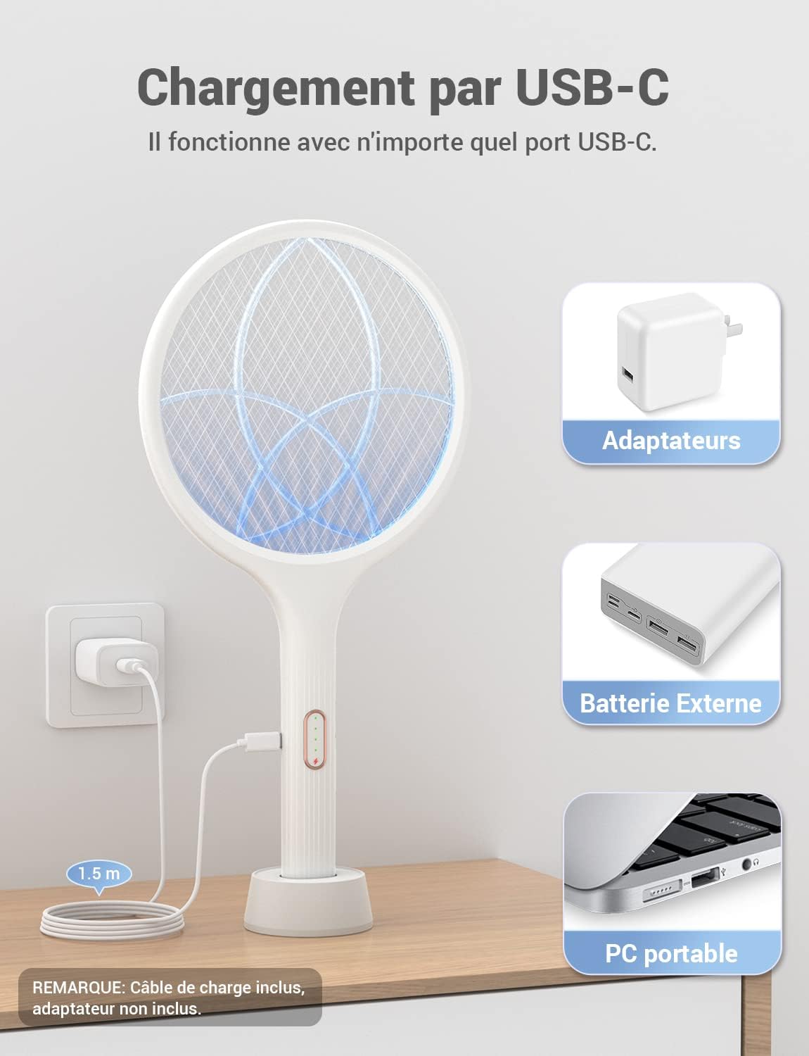 Raquette Anti Moustiques Électrique 4000 V 1500 mAh
