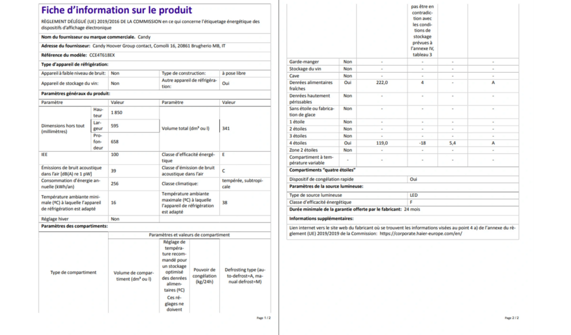 Réfrigérateur congélateur - CANDY CCE4T618EX FRESCO