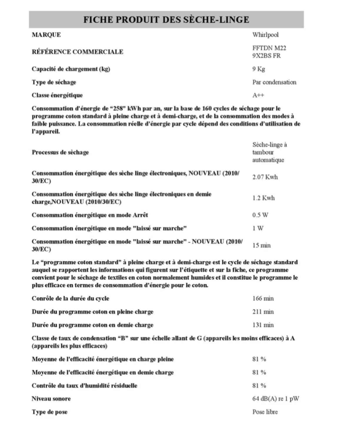 Sèche-linge - WHIRLPOOL FFTDNM229X2BSFR