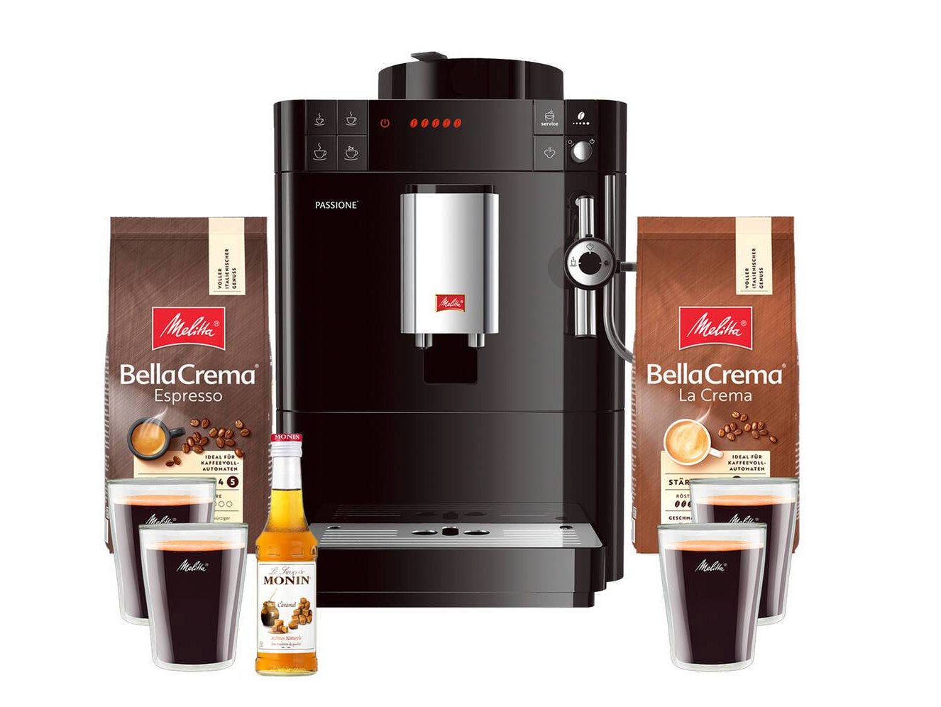 Machine à café automatique MELLITA - PASSIONE F530-102  (avec inclus 2x 1kg de grains, sirop de caramel + 4 verres)