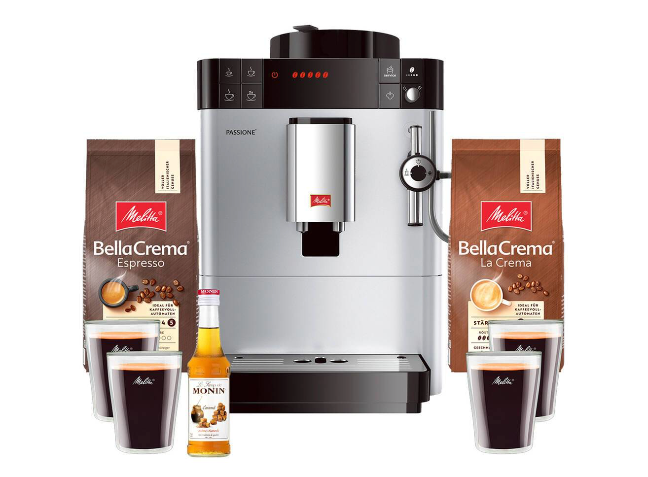 Machine à café automatique MELLITA - PASSIONE F530-101  (avec inclus 2x 1kg de grains, sirop de caramel + 4 verres)